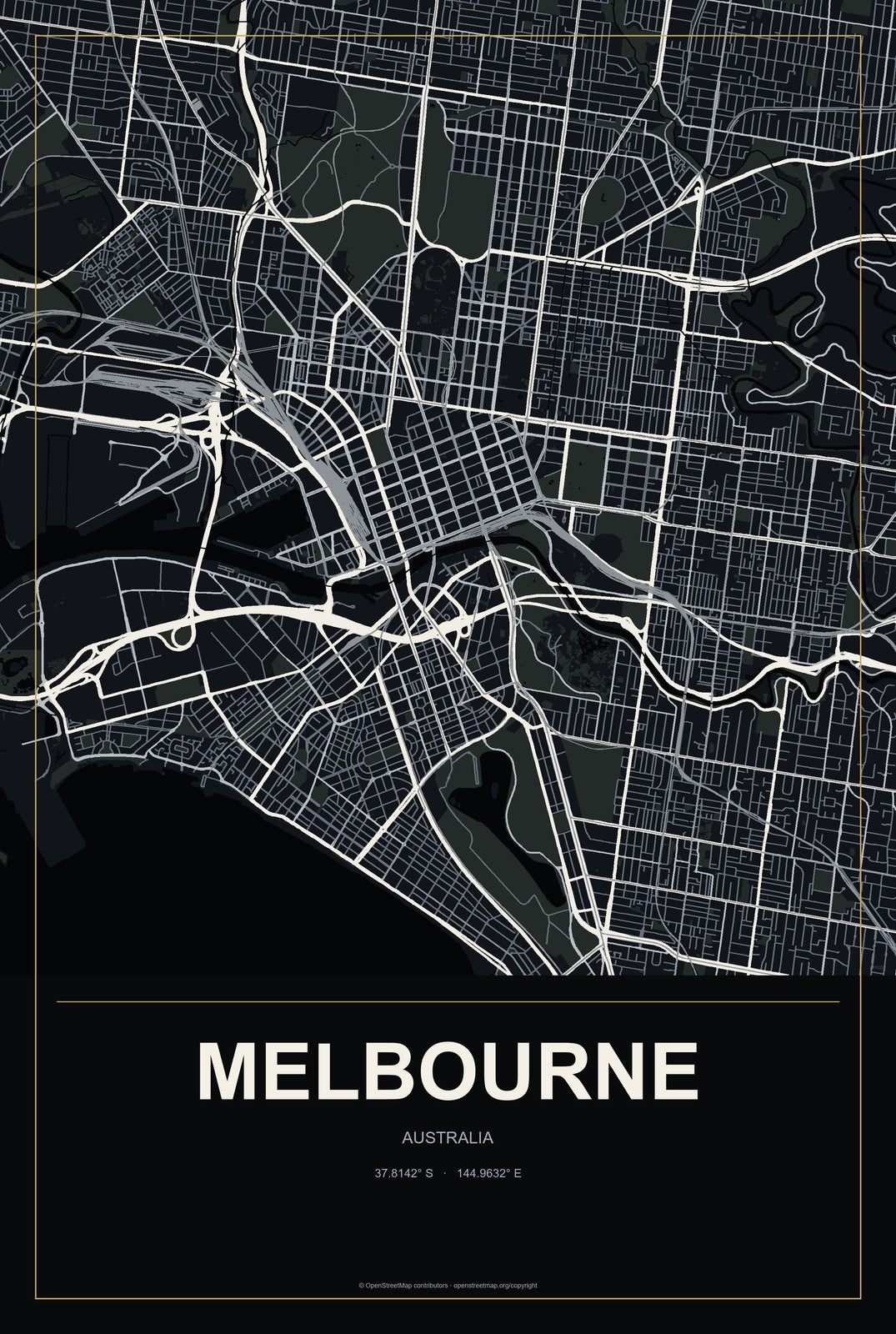 Melbourne, Australia City Map Aluminum Sign in Metropolitan Noir style
