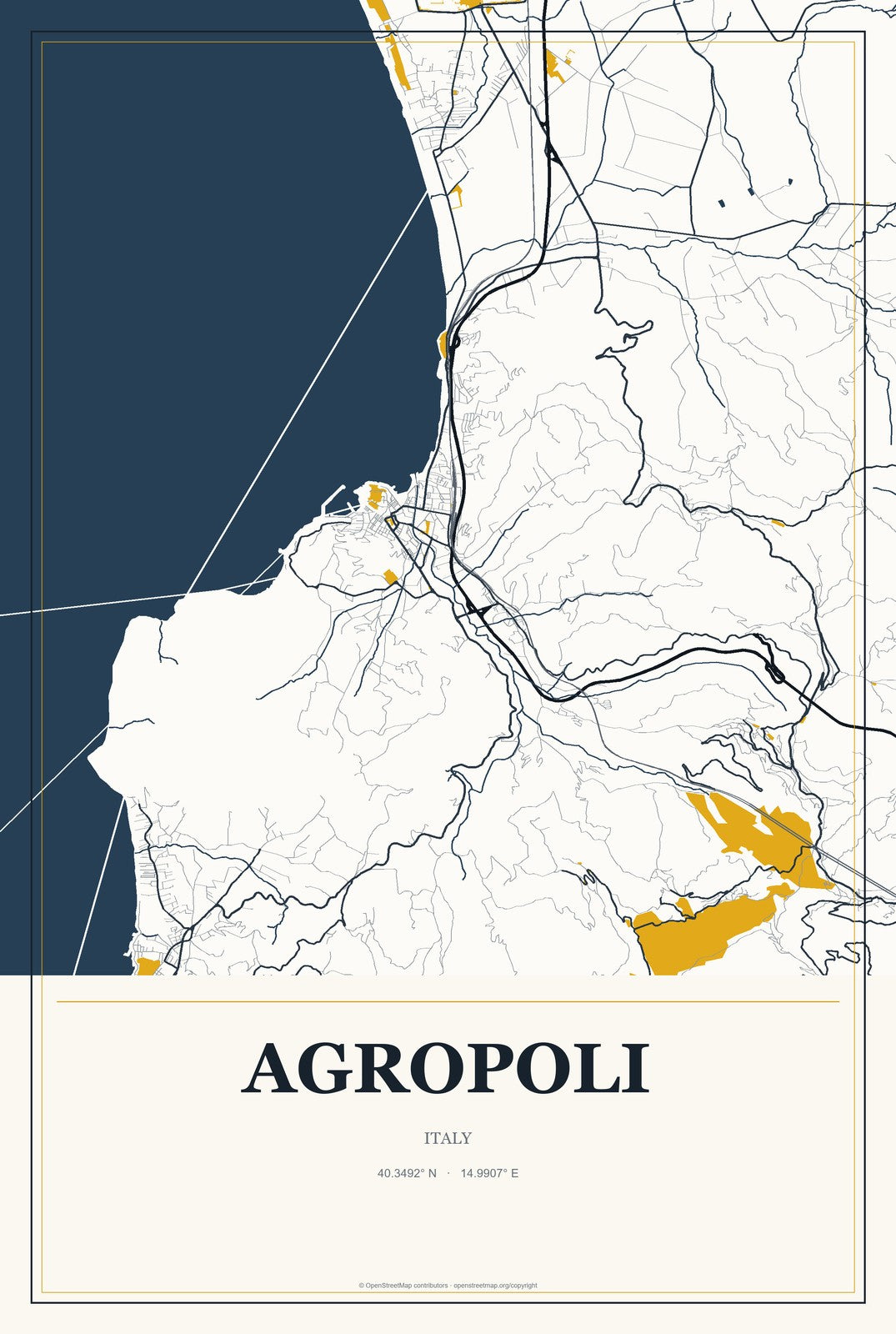 Agropoli, Italy City Map Aluminum Sign in Citrine Modern style