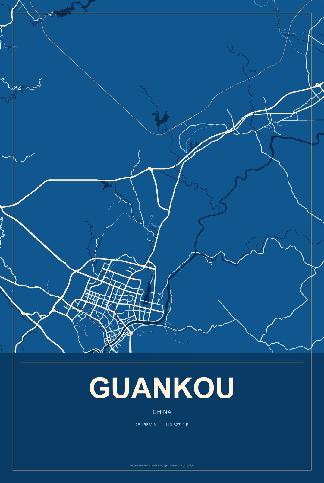 Guankou, China City Map Aluminum Sign in Harbor Cobalt style
