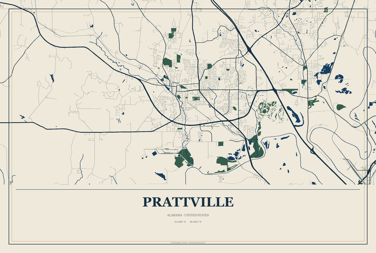 Prattville, Alabama City Map Aluminum Sign in Coastal Cutout style