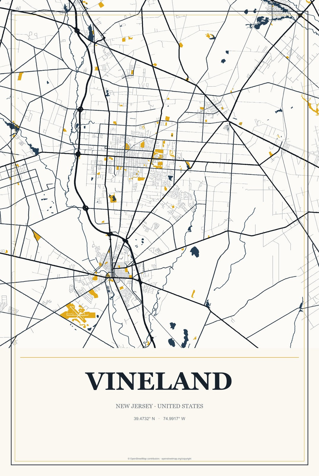 Vineland, New Jersey City Map Aluminum Sign in Citrine Modern style
