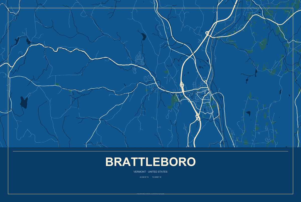 Brattleboro, Vermont City Map Aluminum Sign in Harbor Cobalt style