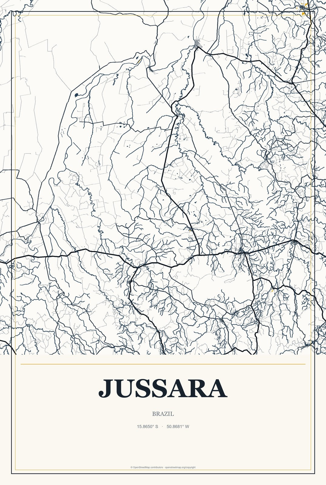 Jussara, Goiás, Brazil City Map Aluminum Sign in Citrine Modern style