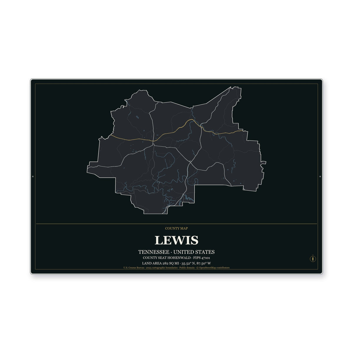 Lewis County, Tennessee Map Aluminum Sign in Metropolitan Noir style