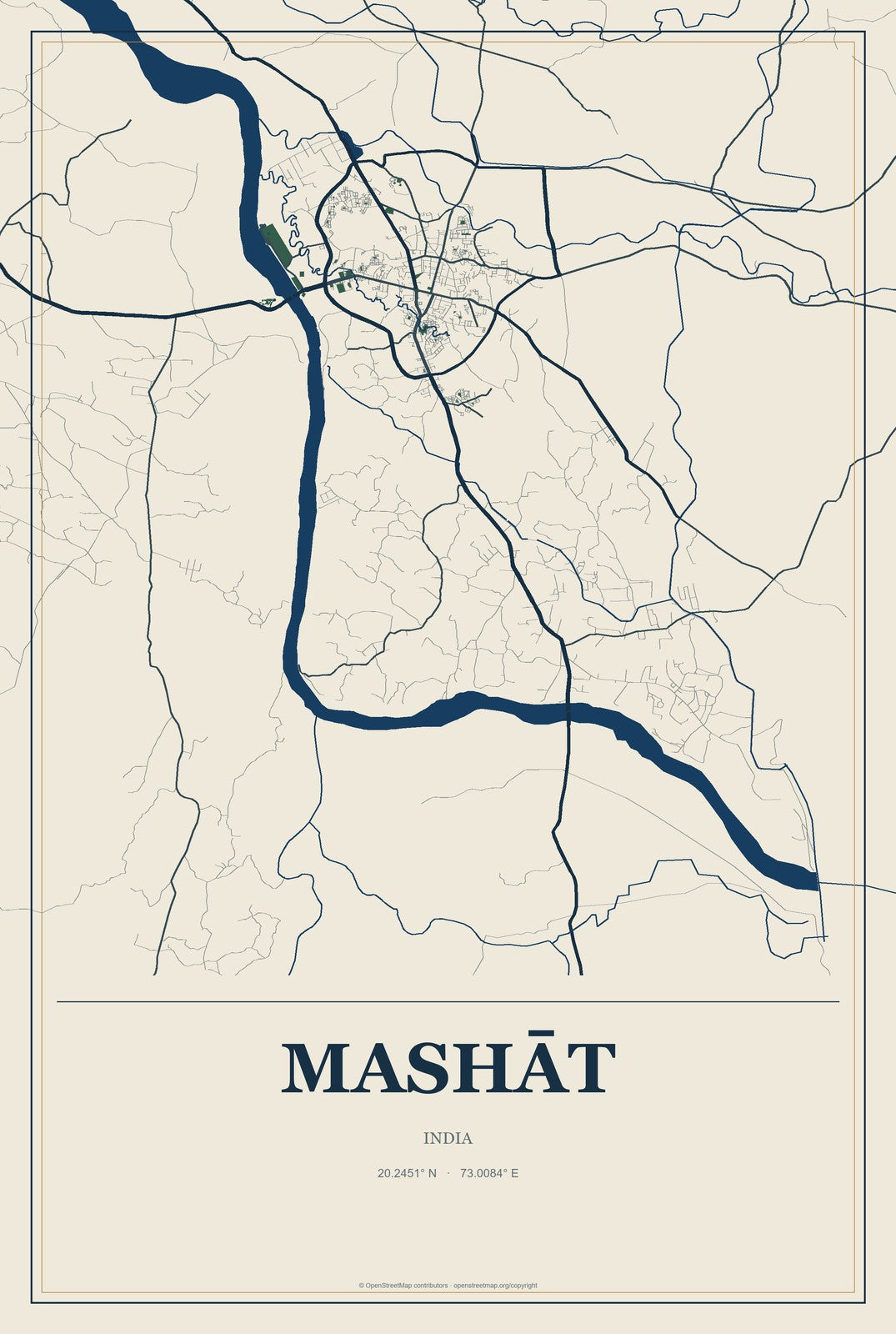 Mashāt, India City Map Aluminum Sign in Coastal Cutout style