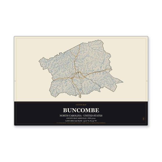 Buncombe County, North Carolina Map Aluminum Sign in Museum Plaque style