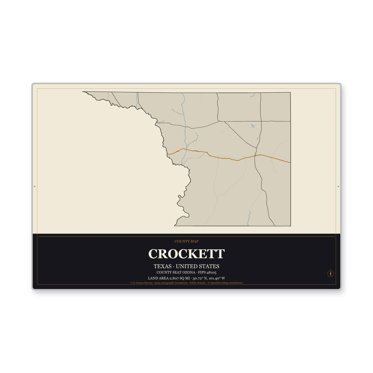Crockett County, Texas Map Aluminum Sign in Museum Plaque style