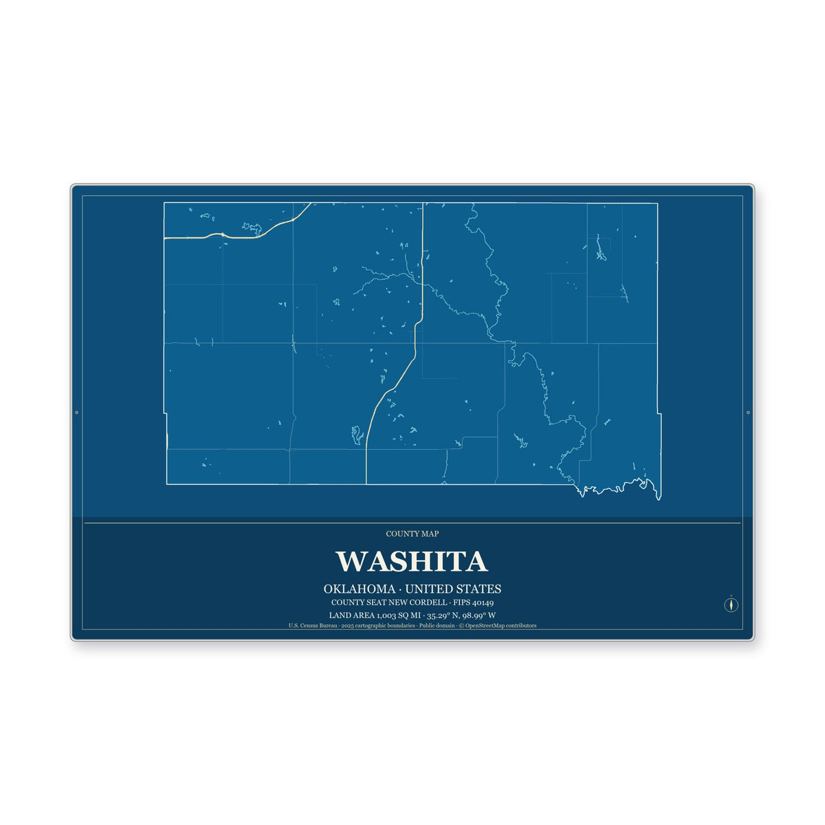 Washita County, Oklahoma Map Aluminum Sign in Harbor Cobalt style