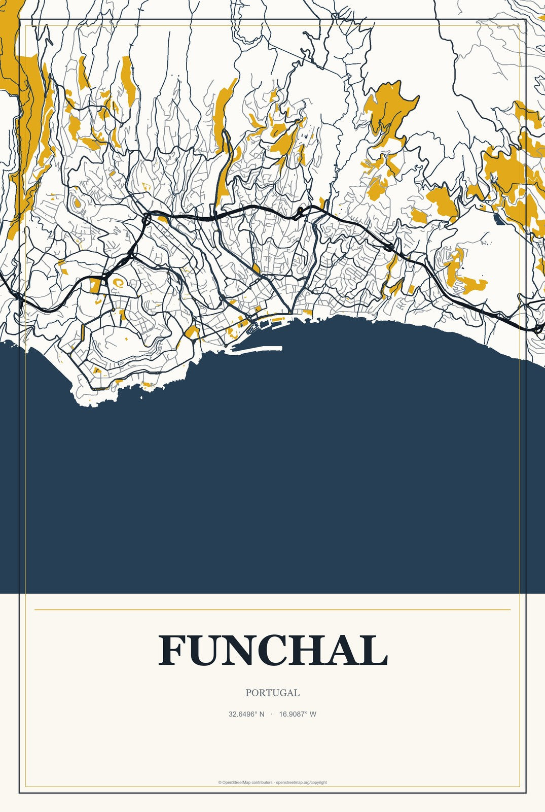 Funchal, Portugal City Map Aluminum Sign in Citrine Modern style