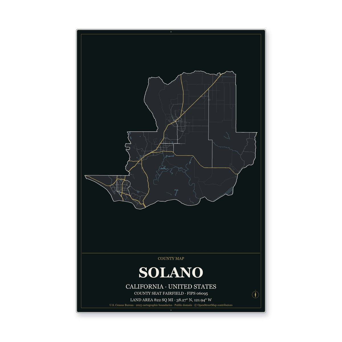 Solano County, California Map Aluminum Sign in Metropolitan Noir style