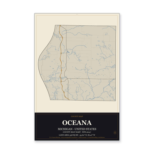 Oceana County, Michigan Map Aluminum Sign in Museum Plaque style