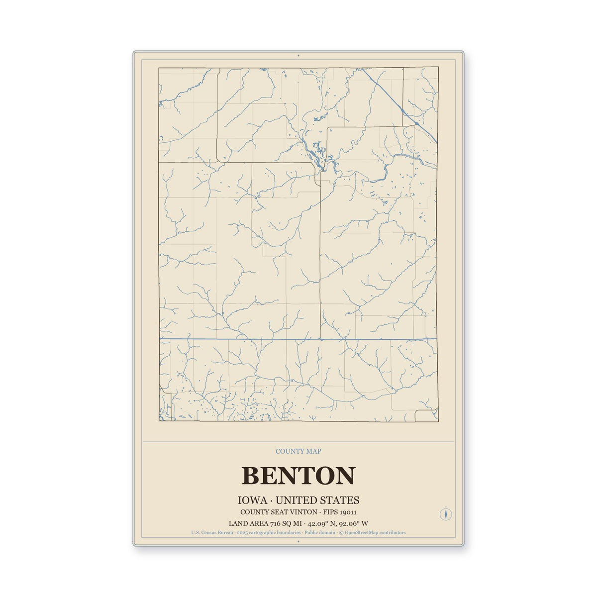 Benton County, Iowa Map Aluminum Sign in Heritage Nautical style