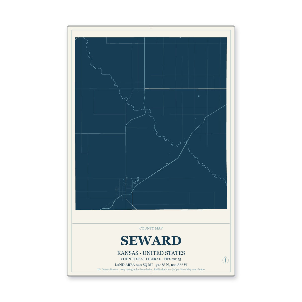 Seward County, Kansas Map Aluminum Sign in Coastal Cutout style