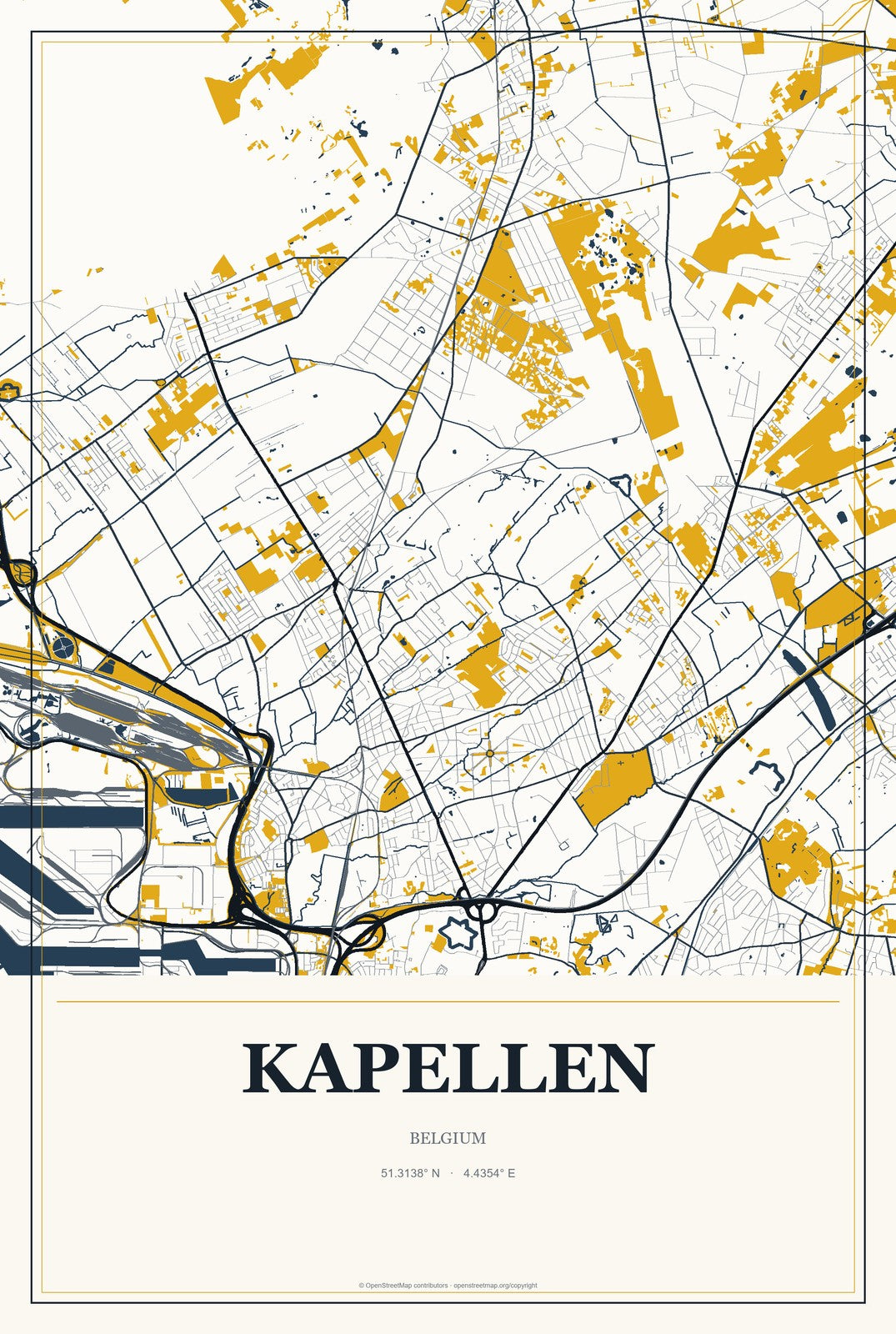 Kapellen, Belgium City Map Aluminum Sign in Citrine Modern style