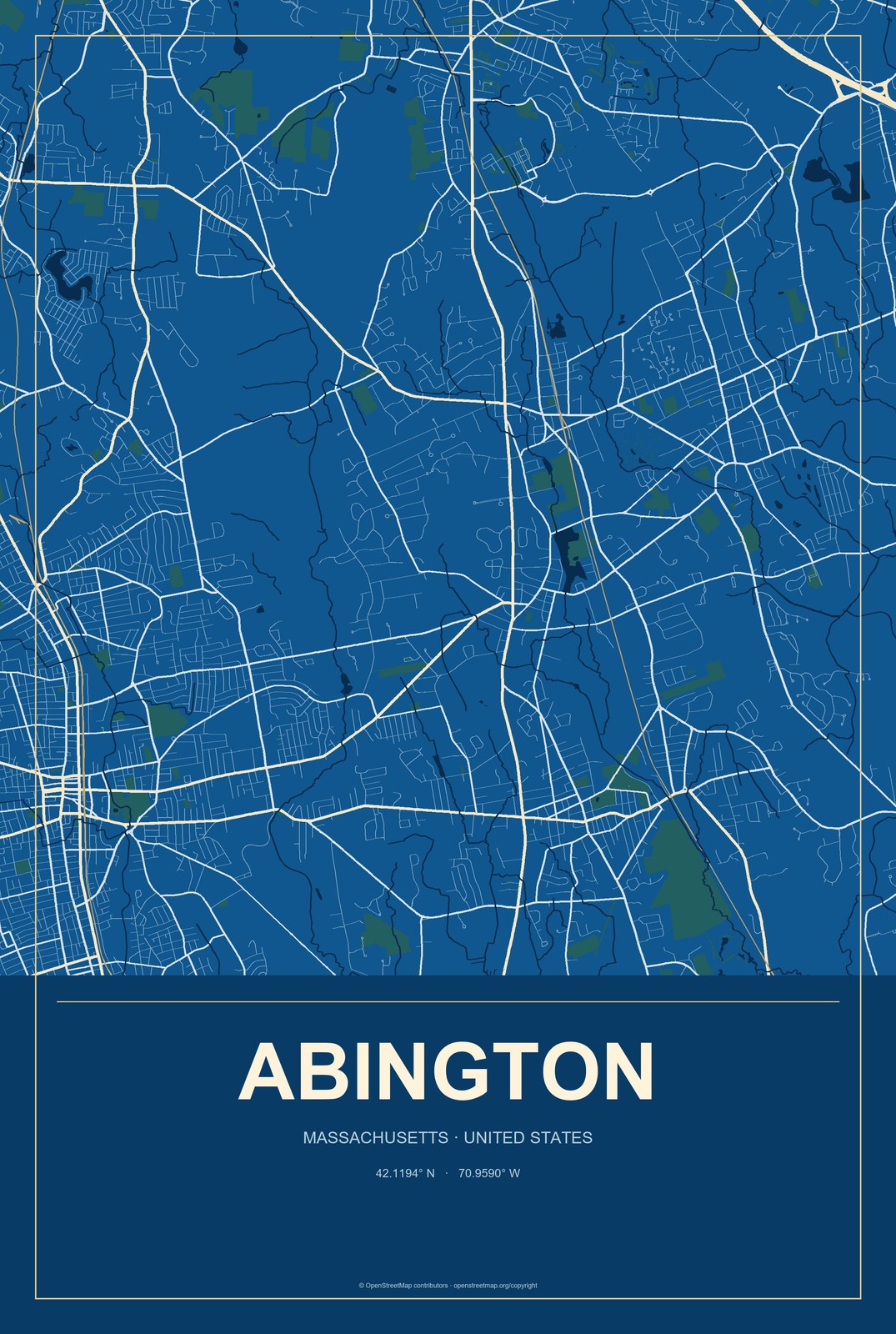 Abington, Massachusetts City Map Aluminum Sign in Harbor Cobalt style