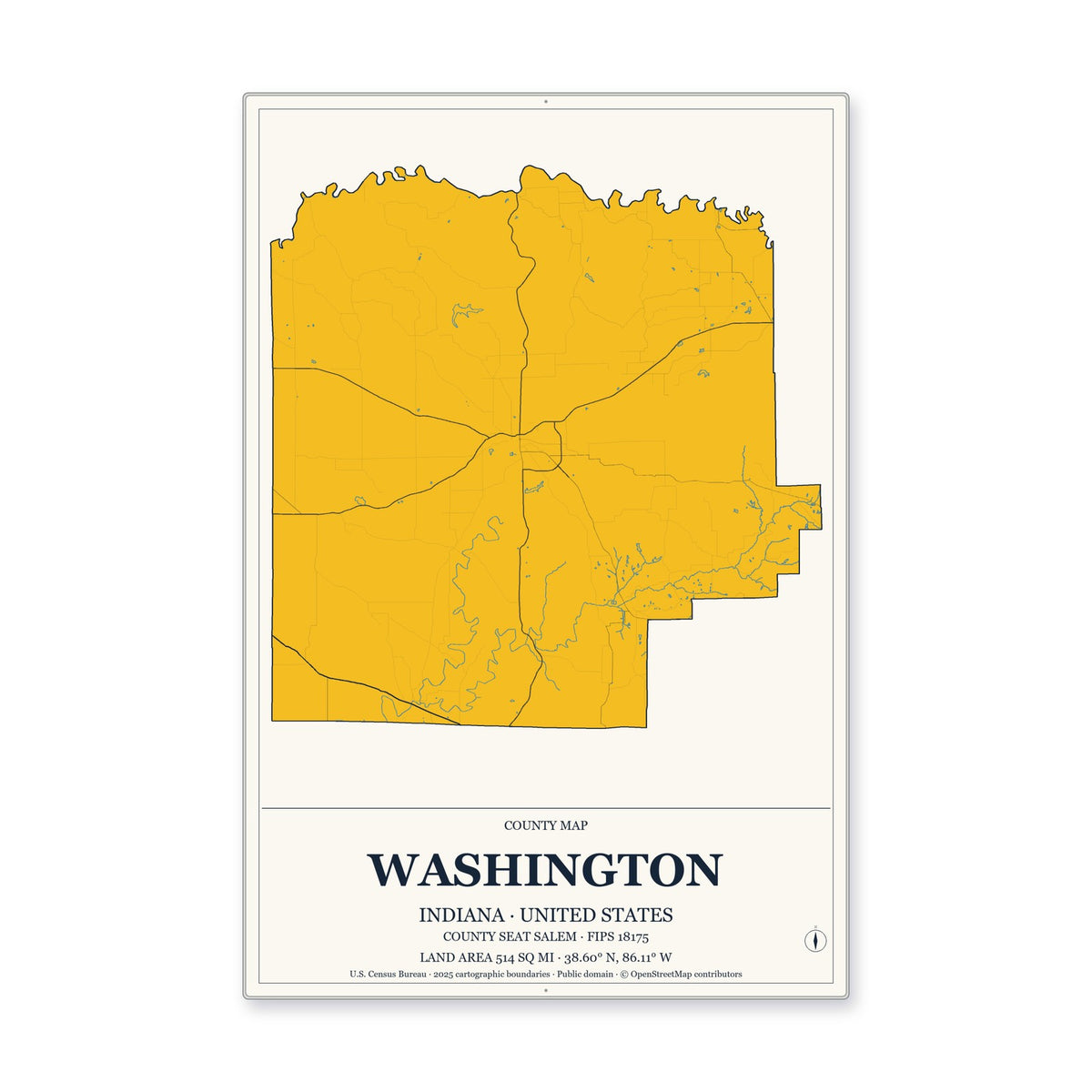 Washington County, Indiana Map Aluminum Sign in Citrine Modern style