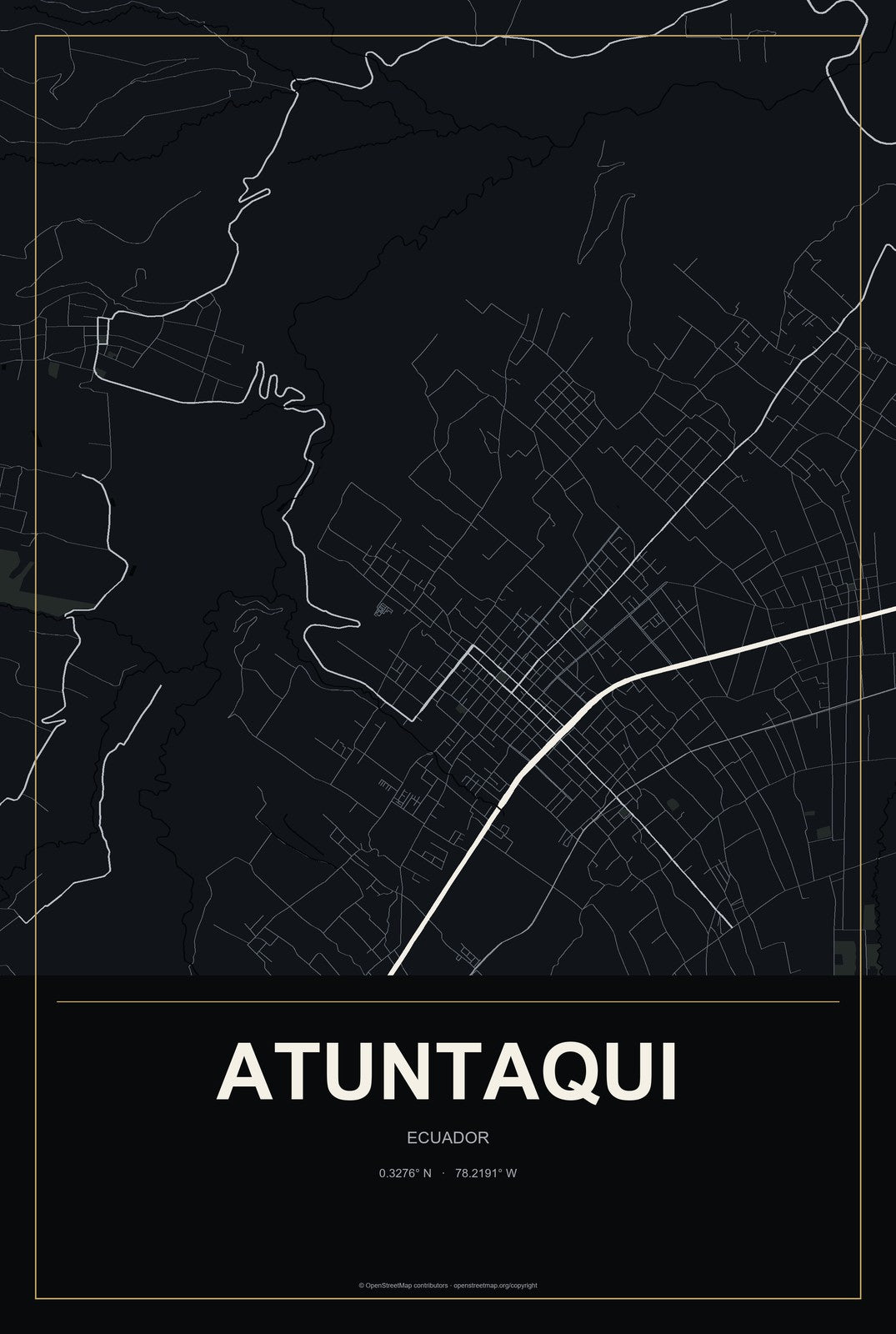 Atuntaqui, Ecuador City Map Aluminum Sign in Metropolitan Noir style
