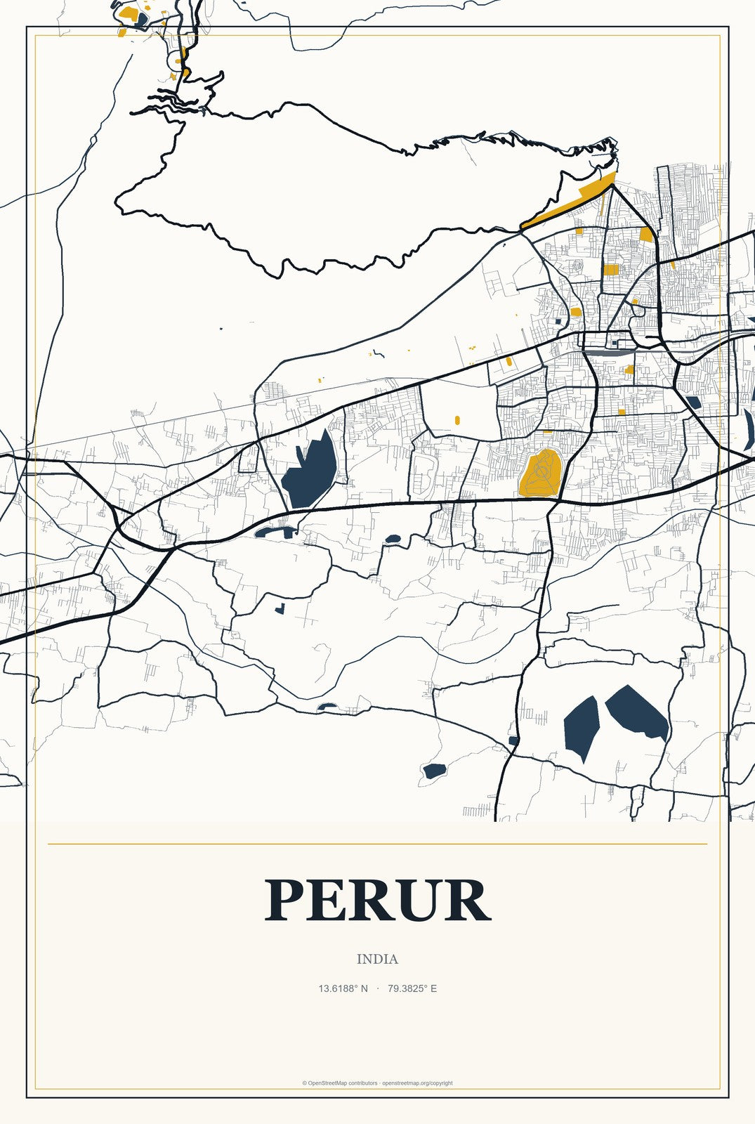 Perur, India City Map Aluminum Sign in Citrine Modern style
