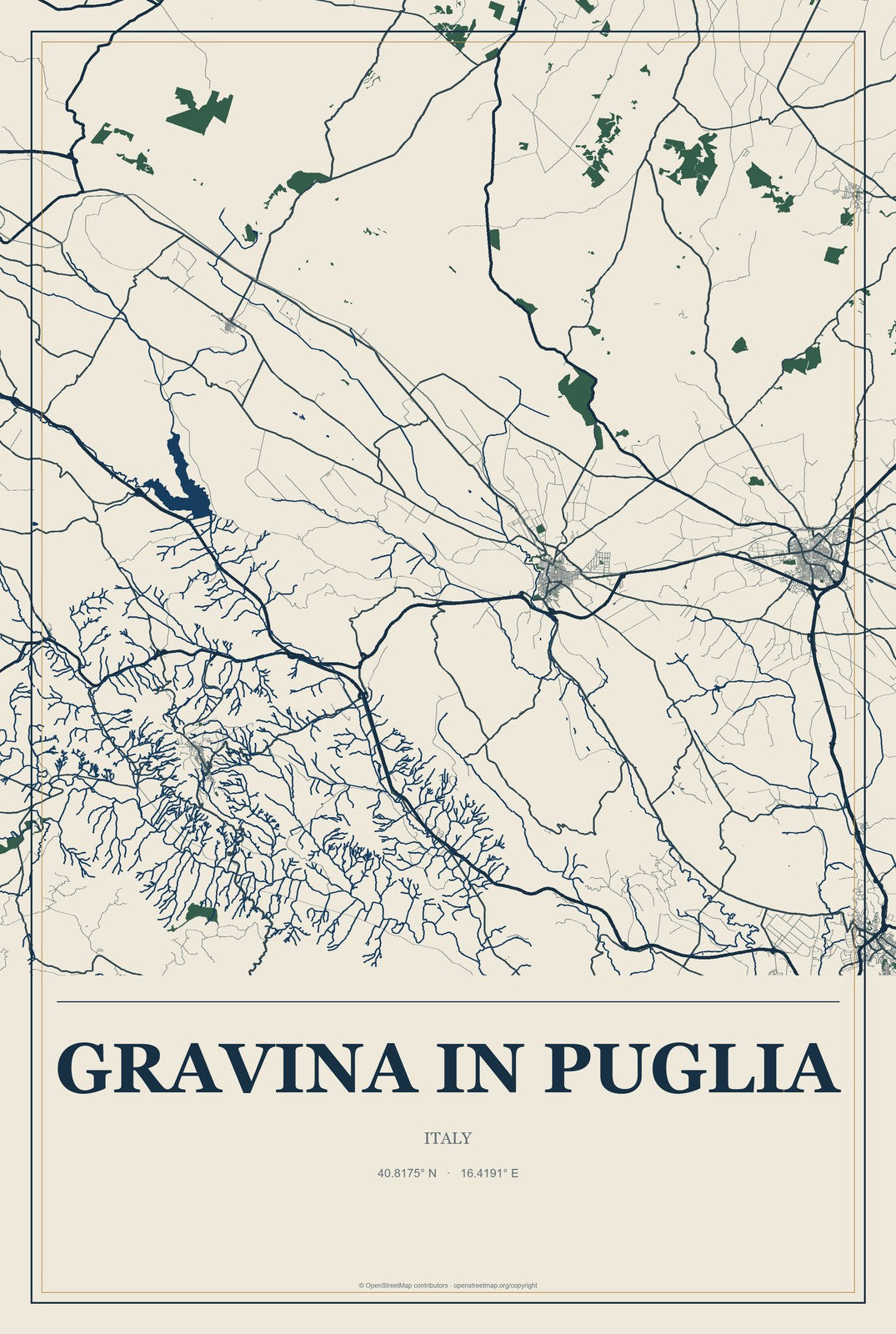 Gravina in Puglia, Italy City Map Aluminum Sign in Coastal Cutout style