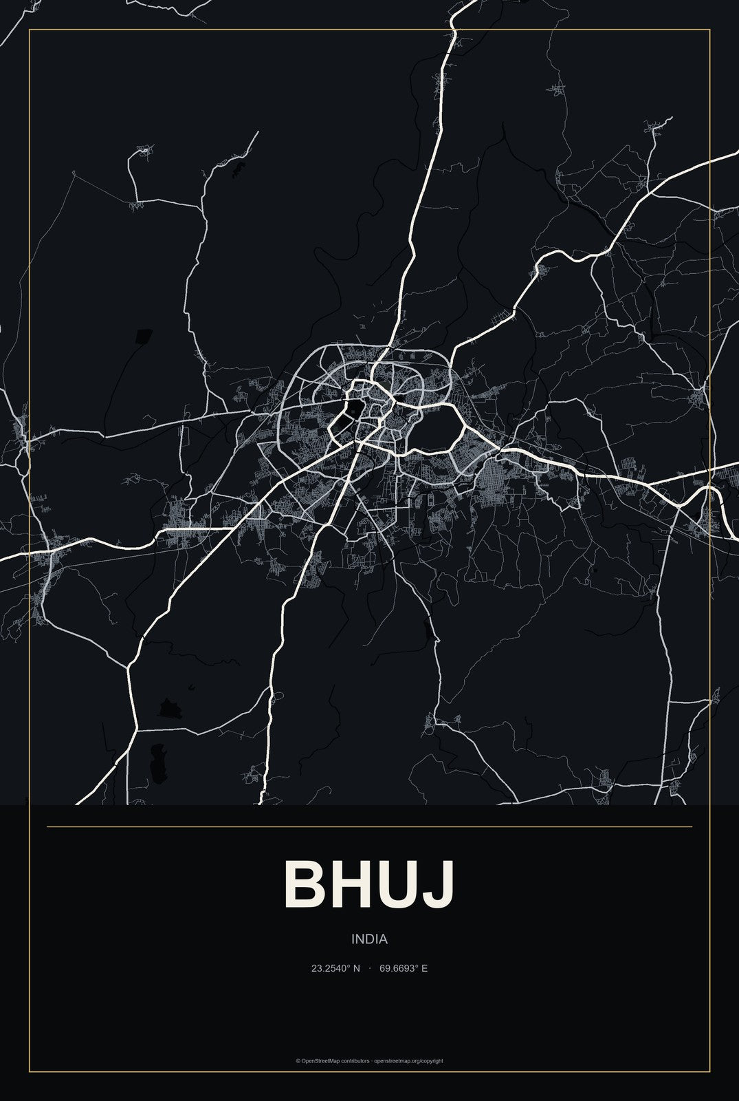 Bhuj, India City Map Aluminum Sign in Metropolitan Noir style