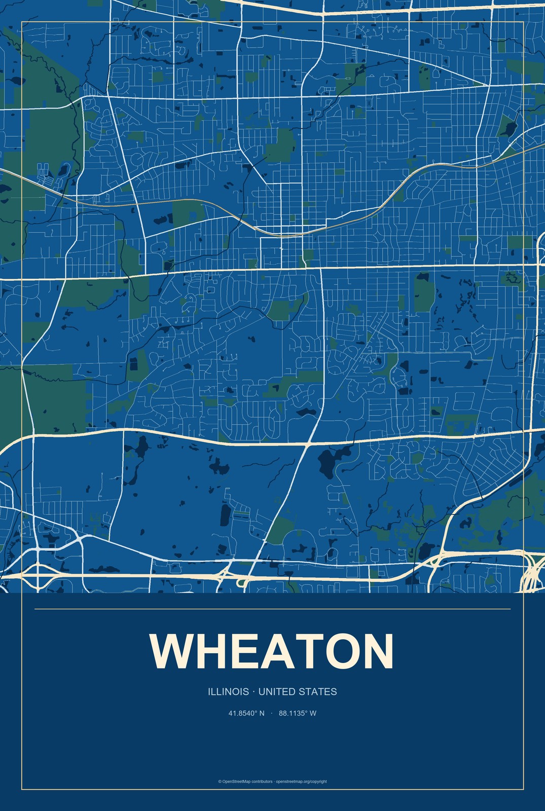 Wheaton, Illinois City Map Aluminum Sign in Harbor Cobalt style