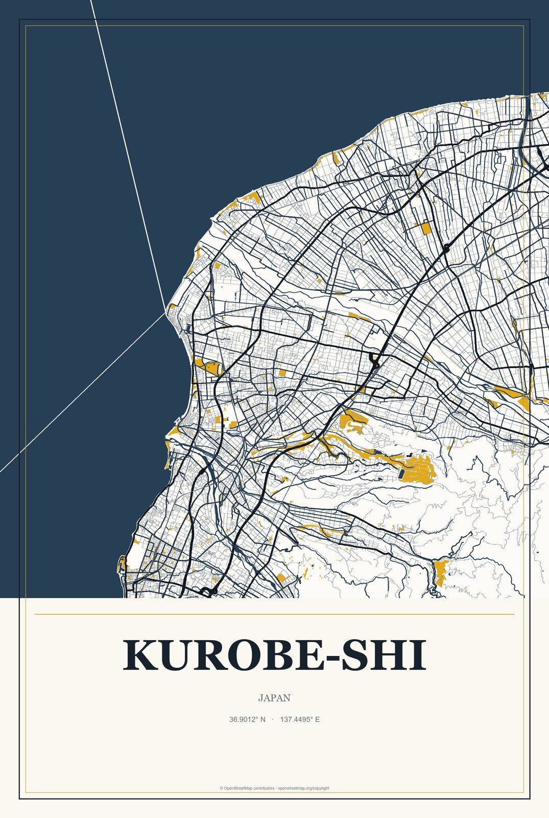 Kurobe-shi, Japan City Map Aluminum Sign in Citrine Modern style