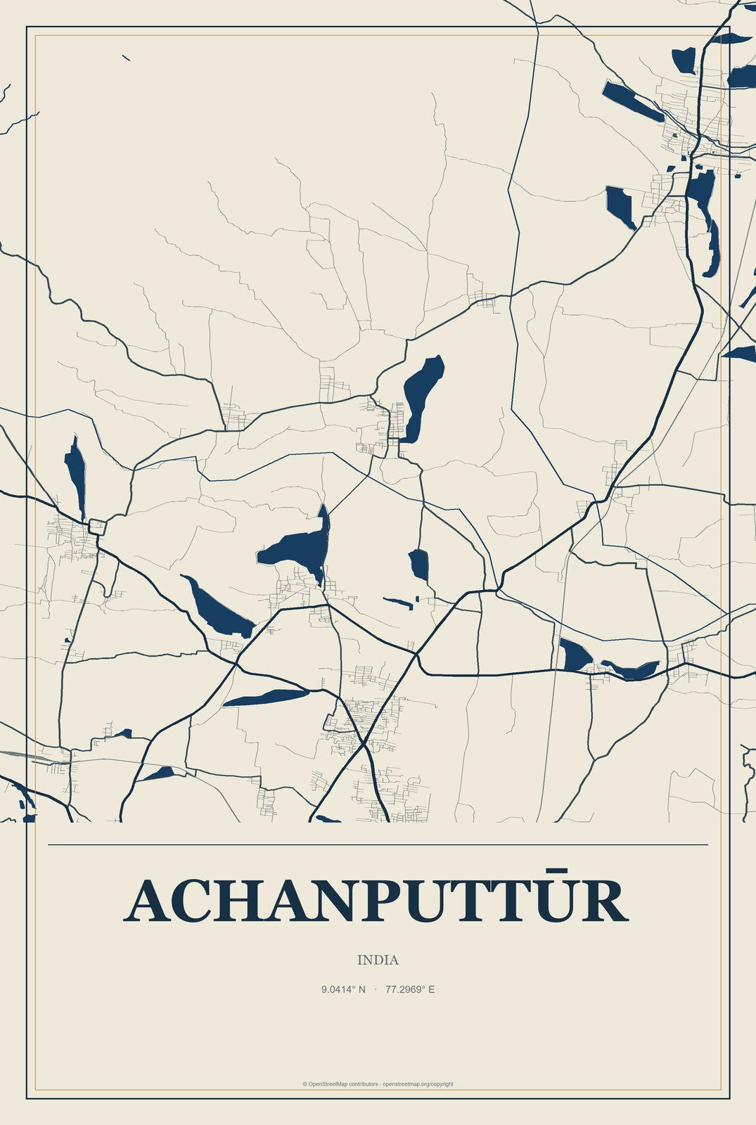 Achanputtūr, India City Map Aluminum Sign in Coastal Cutout style