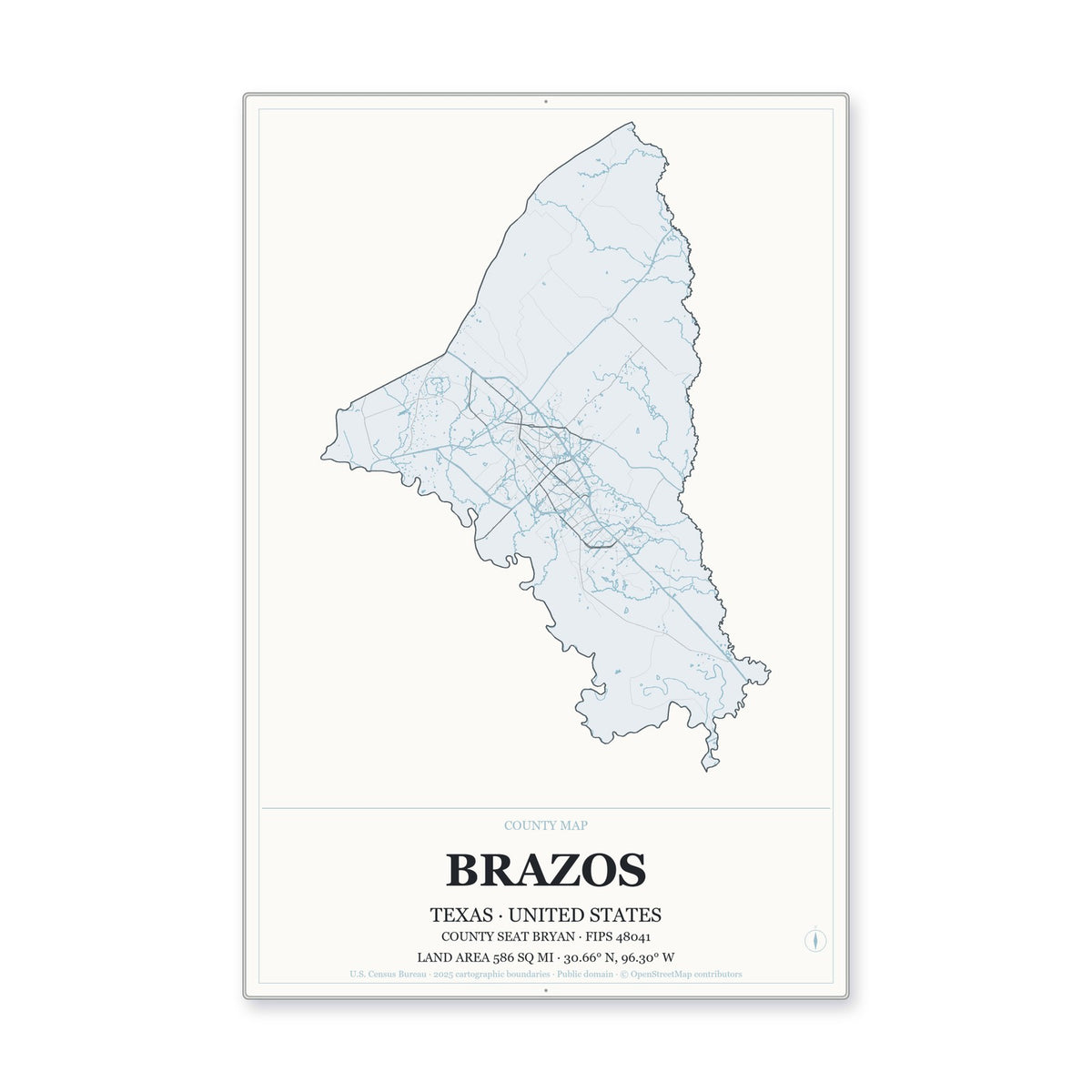 Brazos County, Texas Map Aluminum Sign in Gallery Air style