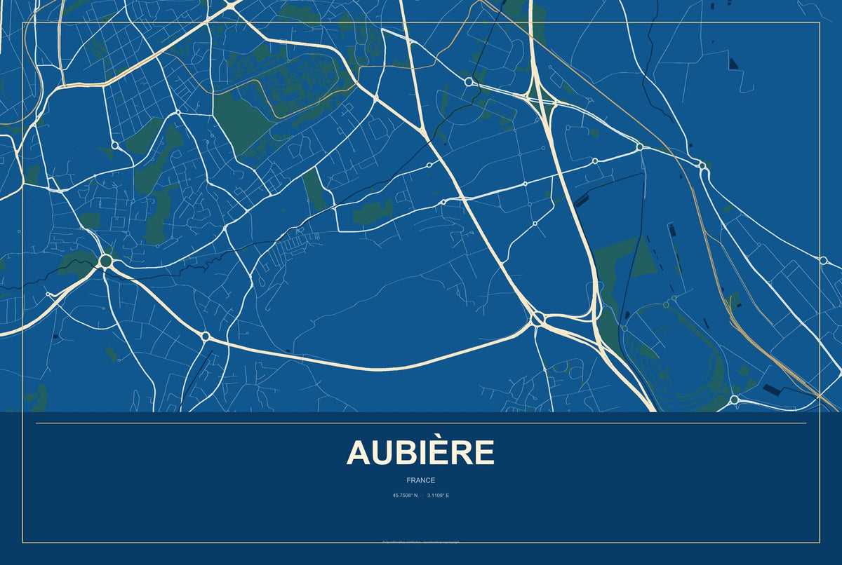 Aubière, France City Map Aluminum Sign in Harbor Cobalt style