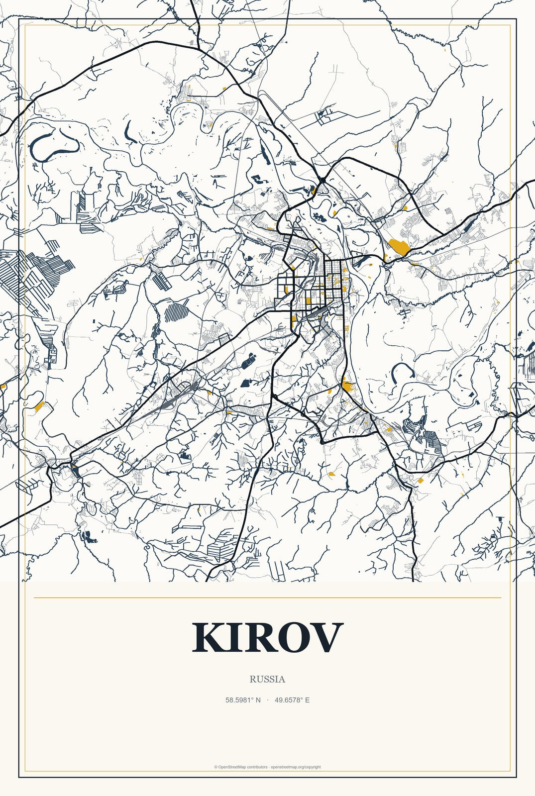 Kirov, Kirov Oblast, Russia City Map Aluminum Sign in Citrine Modern style