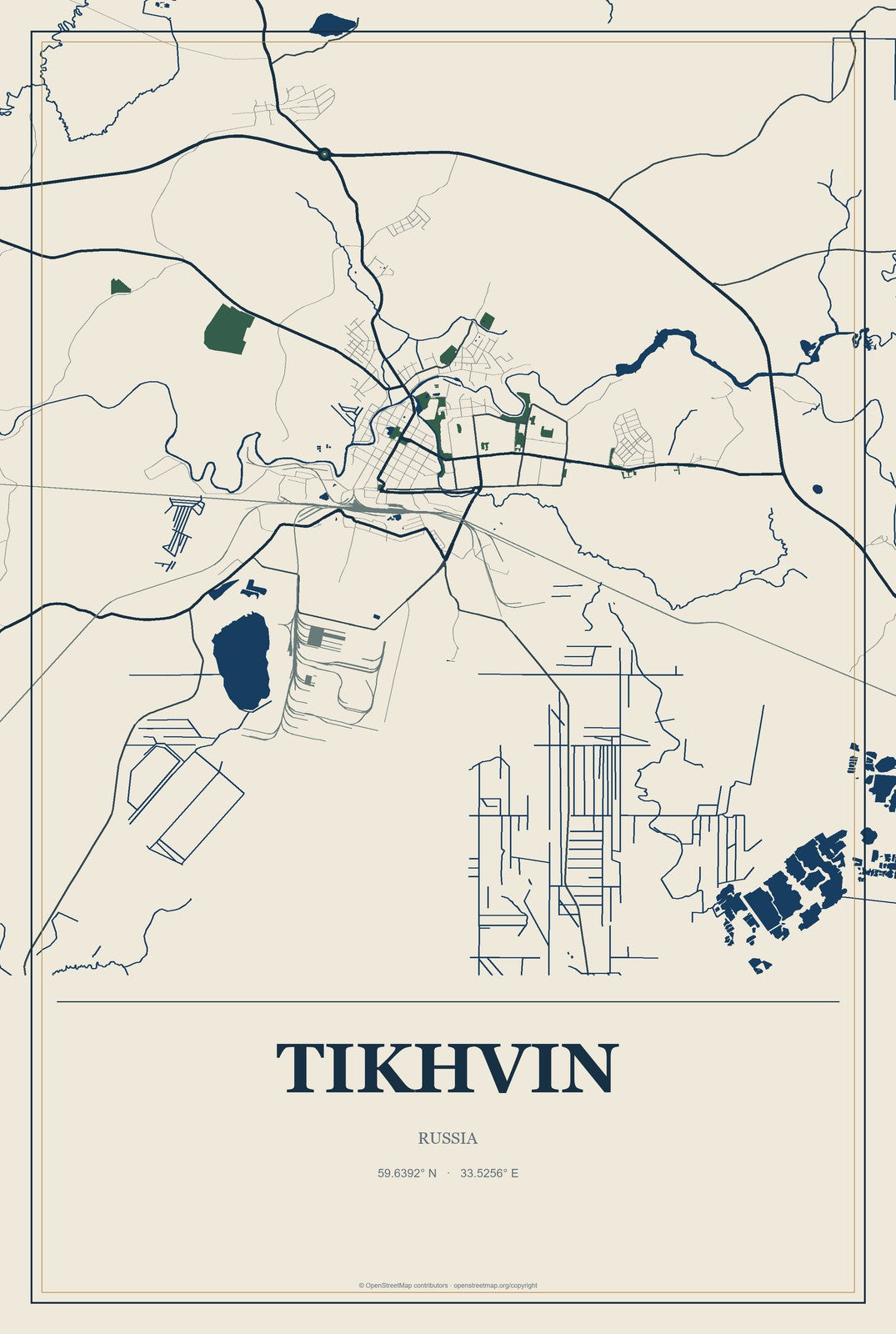 Tikhvin, Russia City Map Aluminum Sign in Coastal Cutout style