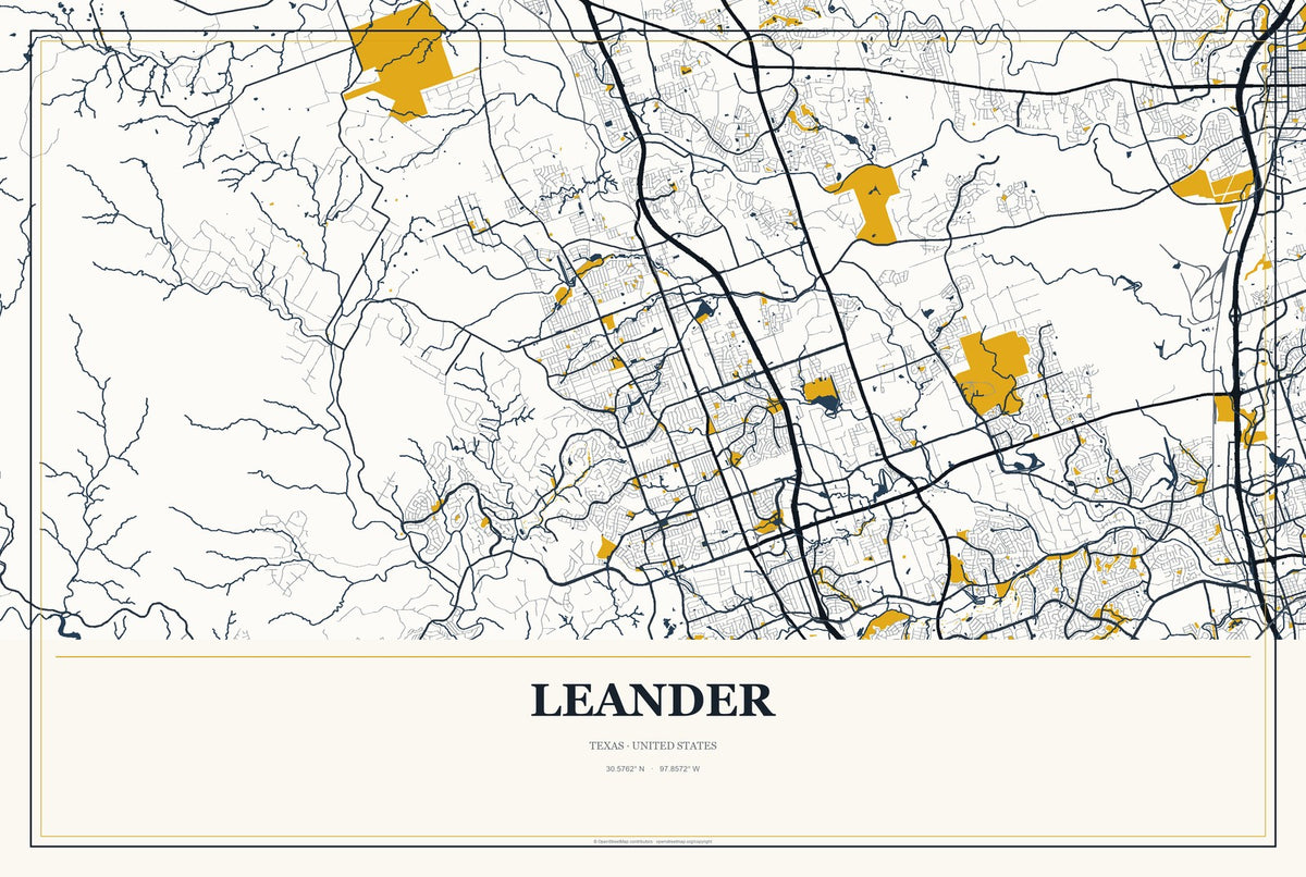 Leander, Texas City Map Aluminum Sign in Citrine Modern style
