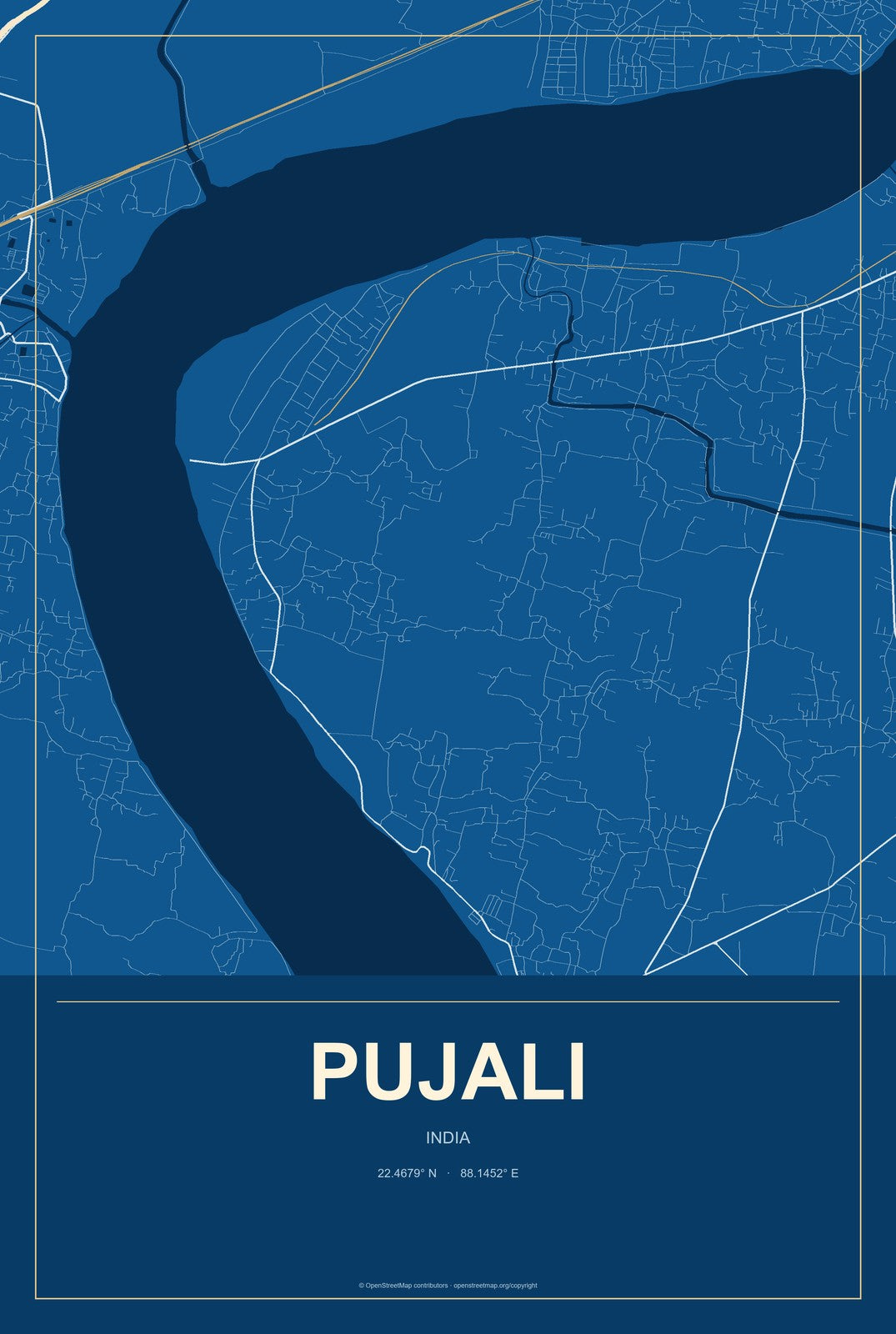 Pujali, India City Map Aluminum Sign in Harbor Cobalt style