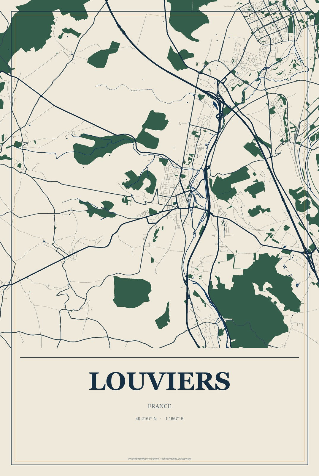 Louviers, France City Map Aluminum Sign in Coastal Cutout style