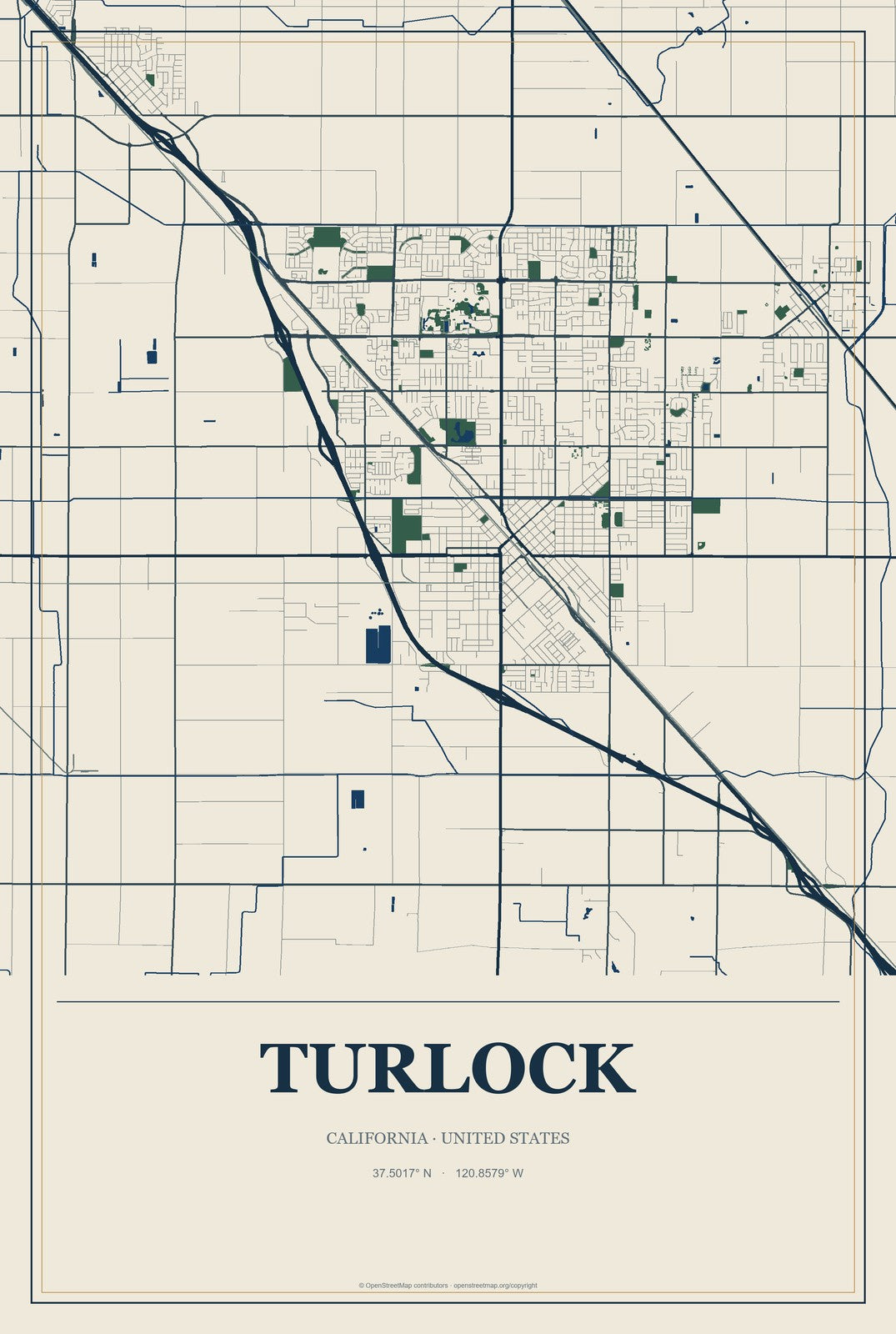 Turlock, California City Map Aluminum Sign in Coastal Cutout style