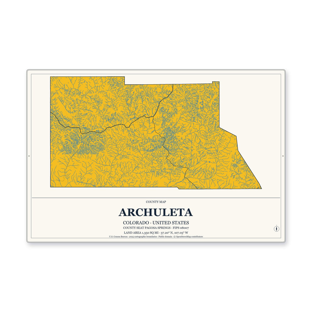 Archuleta County, Colorado Map Aluminum Sign in Citrine Modern style