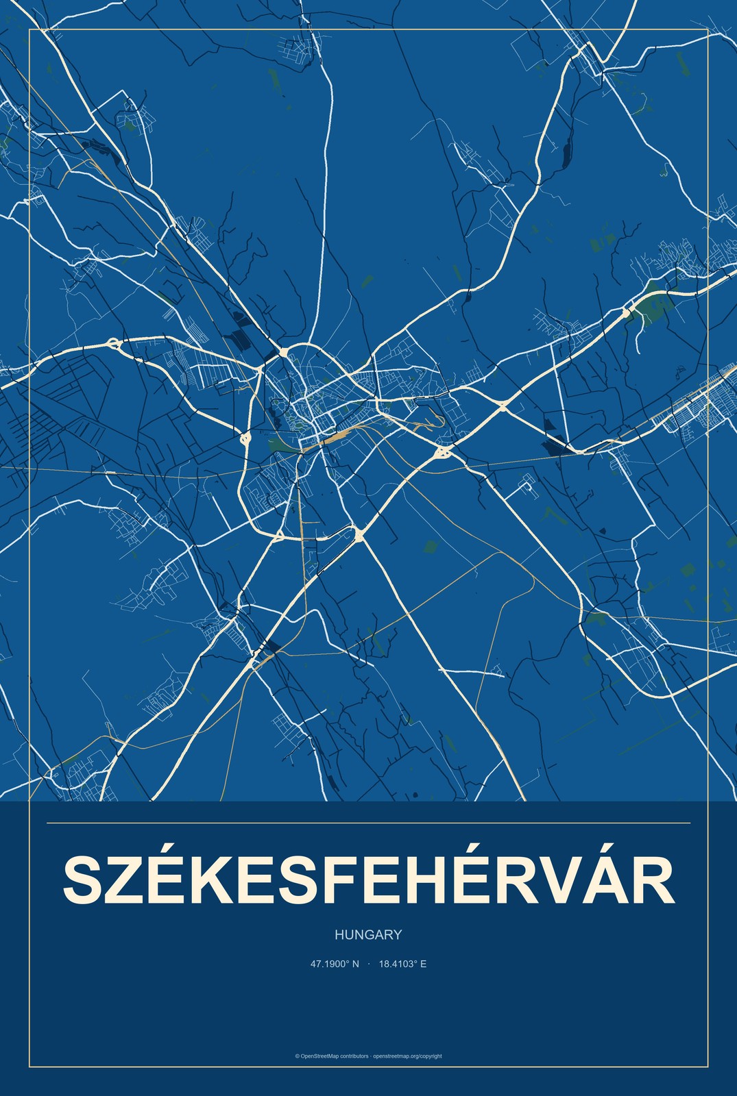 Székesfehérvár, Hungary City Map Aluminum Sign in Harbor Cobalt style