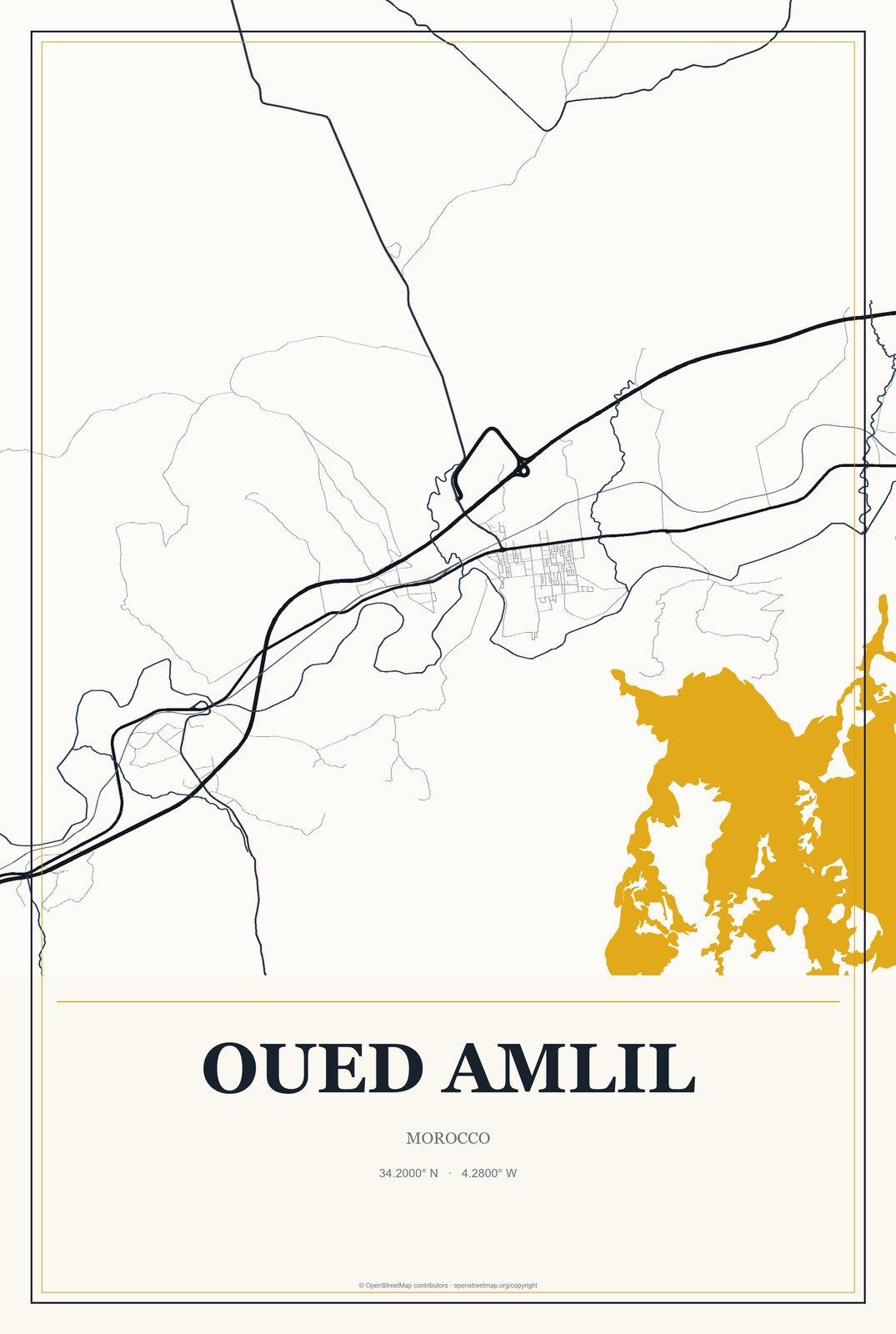 Oued Amlil, Morocco City Map Aluminum Sign in Citrine Modern style