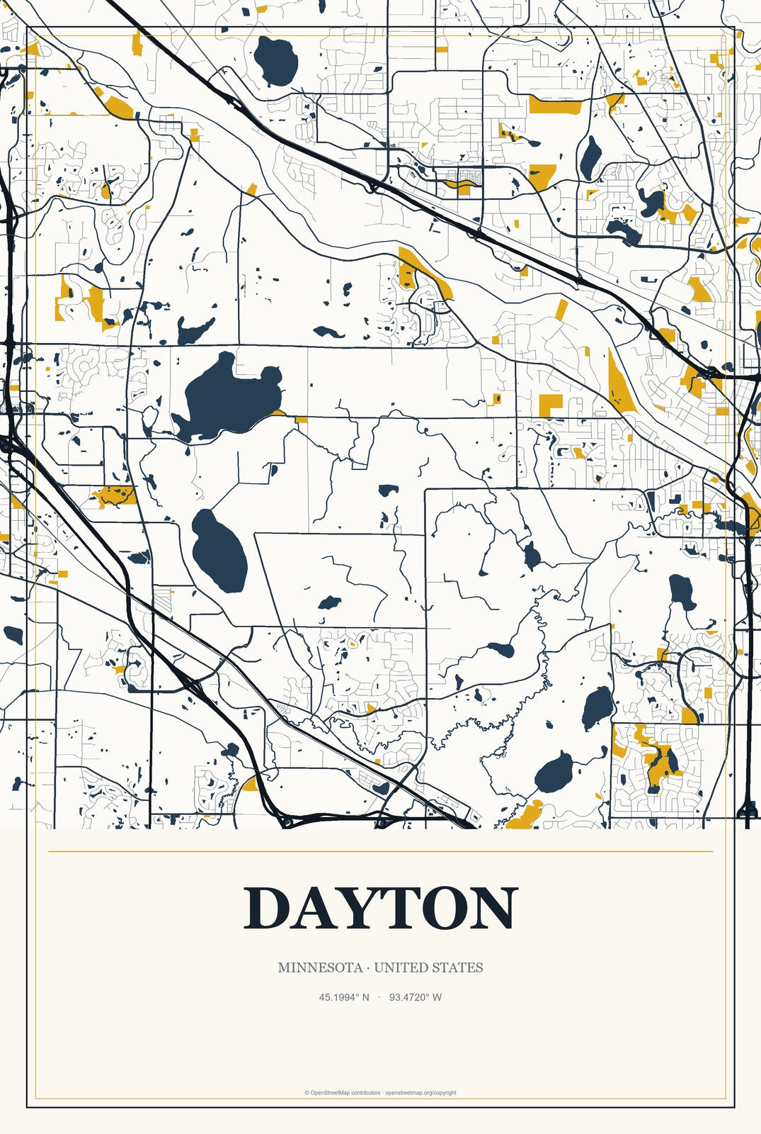 Dayton, Minnesota City Map Aluminum Sign in Citrine Modern style