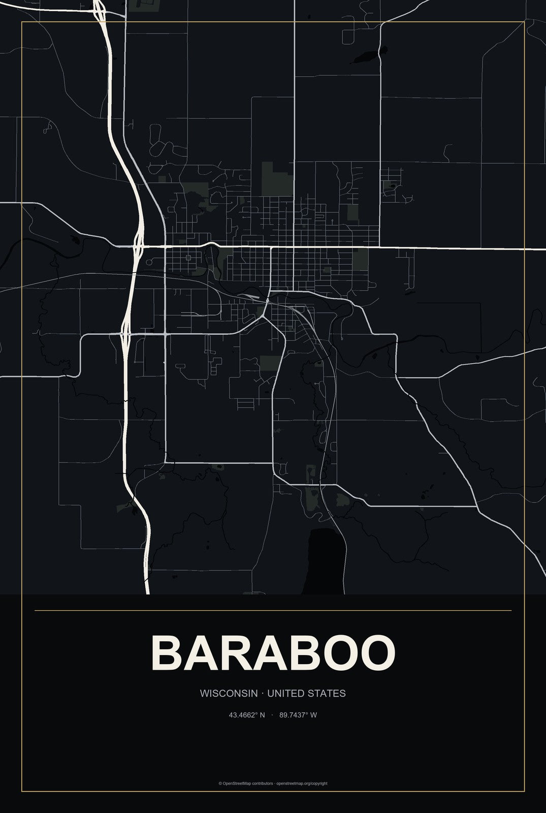 Baraboo, Wisconsin City Map Aluminum Sign in Metropolitan Noir style