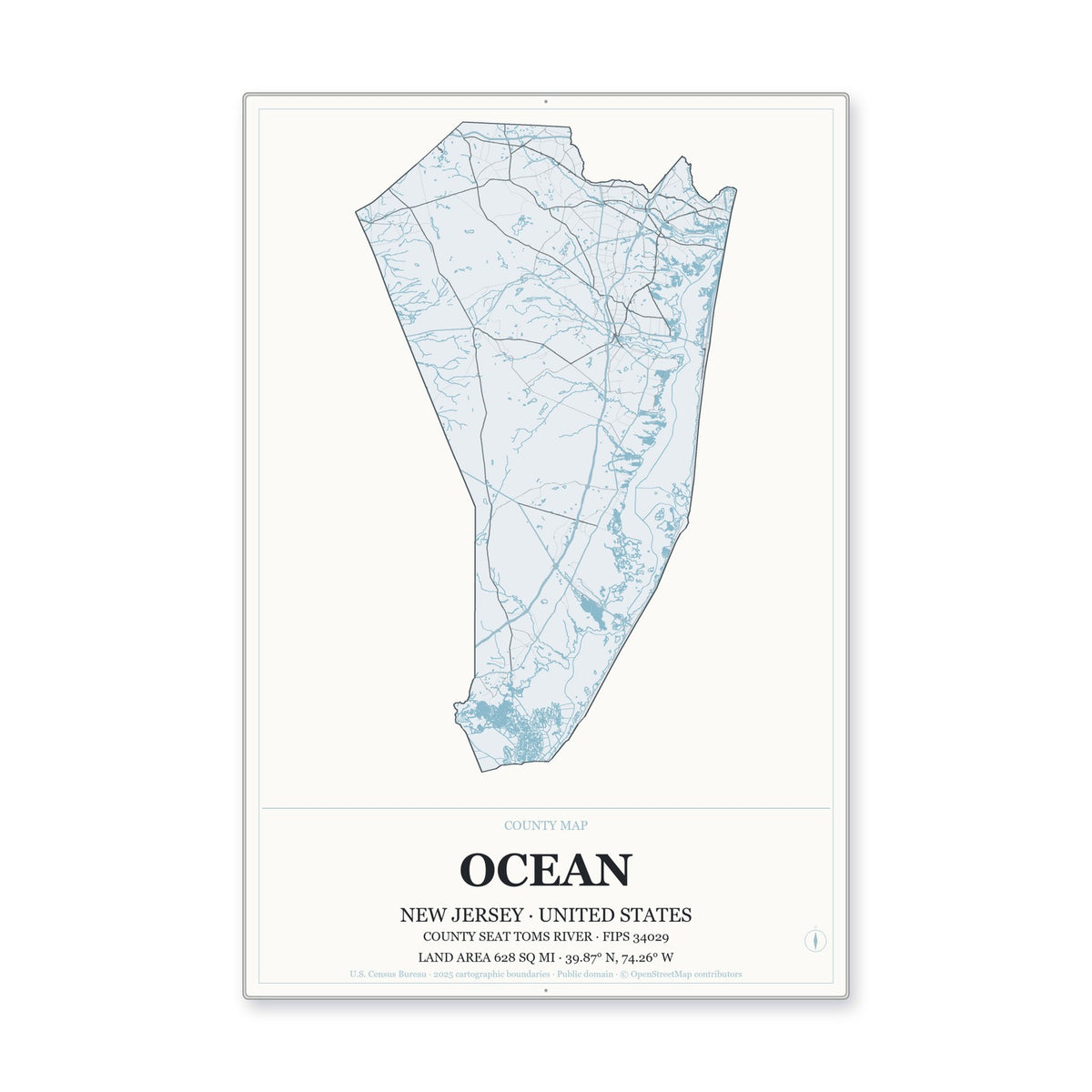 Ocean County, New Jersey Map Aluminum Sign in Gallery Air style