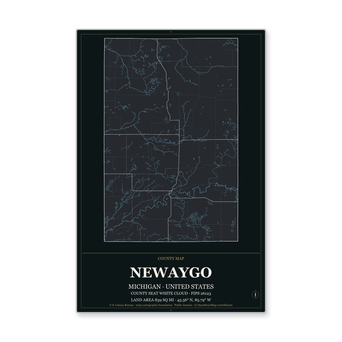 Newaygo County, Michigan Map Aluminum Sign in Metropolitan Noir style