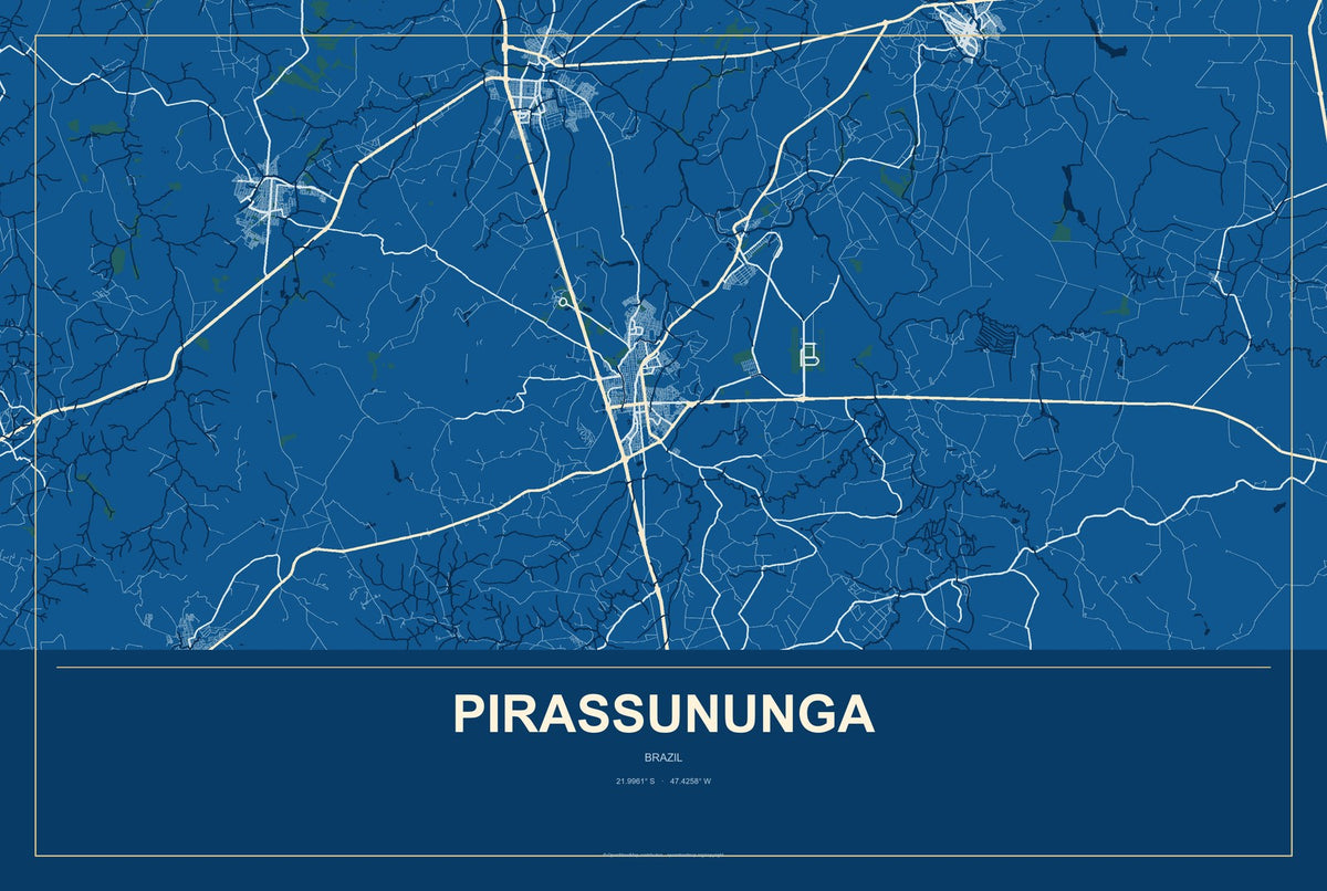 Pirassununga, Brazil City Map Aluminum Sign in Harbor Cobalt style