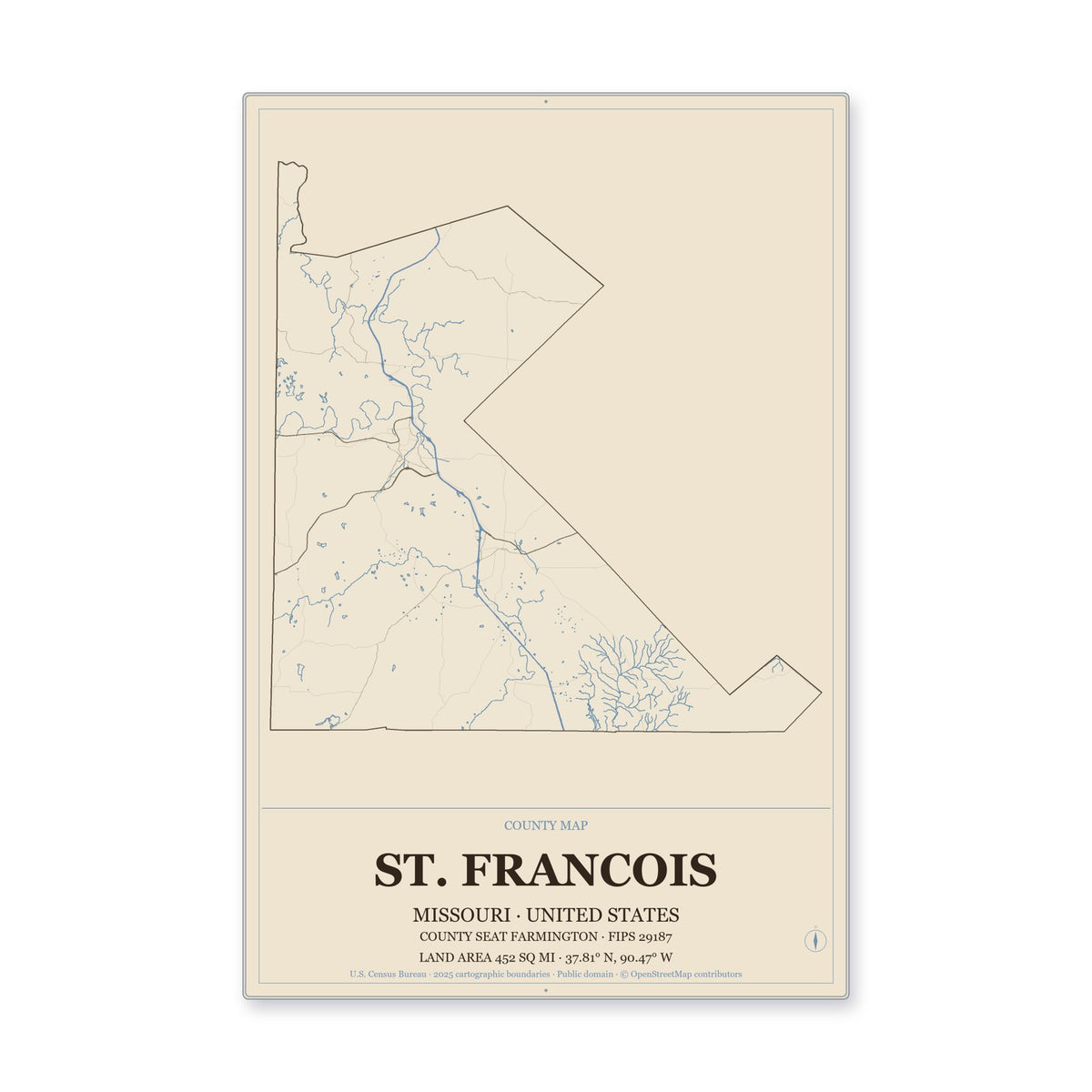 St. Francois County, Missouri Map Aluminum Sign in Heritage Nautical style