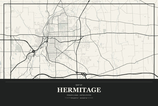 Hermitage, Pennsylvania City Map Aluminum Sign in Museum Plaque style