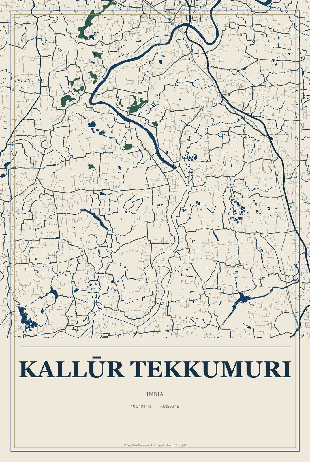 Kallūr Tekkumuri, India City Map Aluminum Sign in Coastal Cutout style