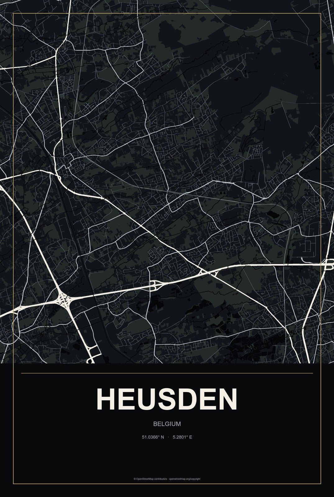Heusden, Belgium City Map Aluminum Sign in Metropolitan Noir style