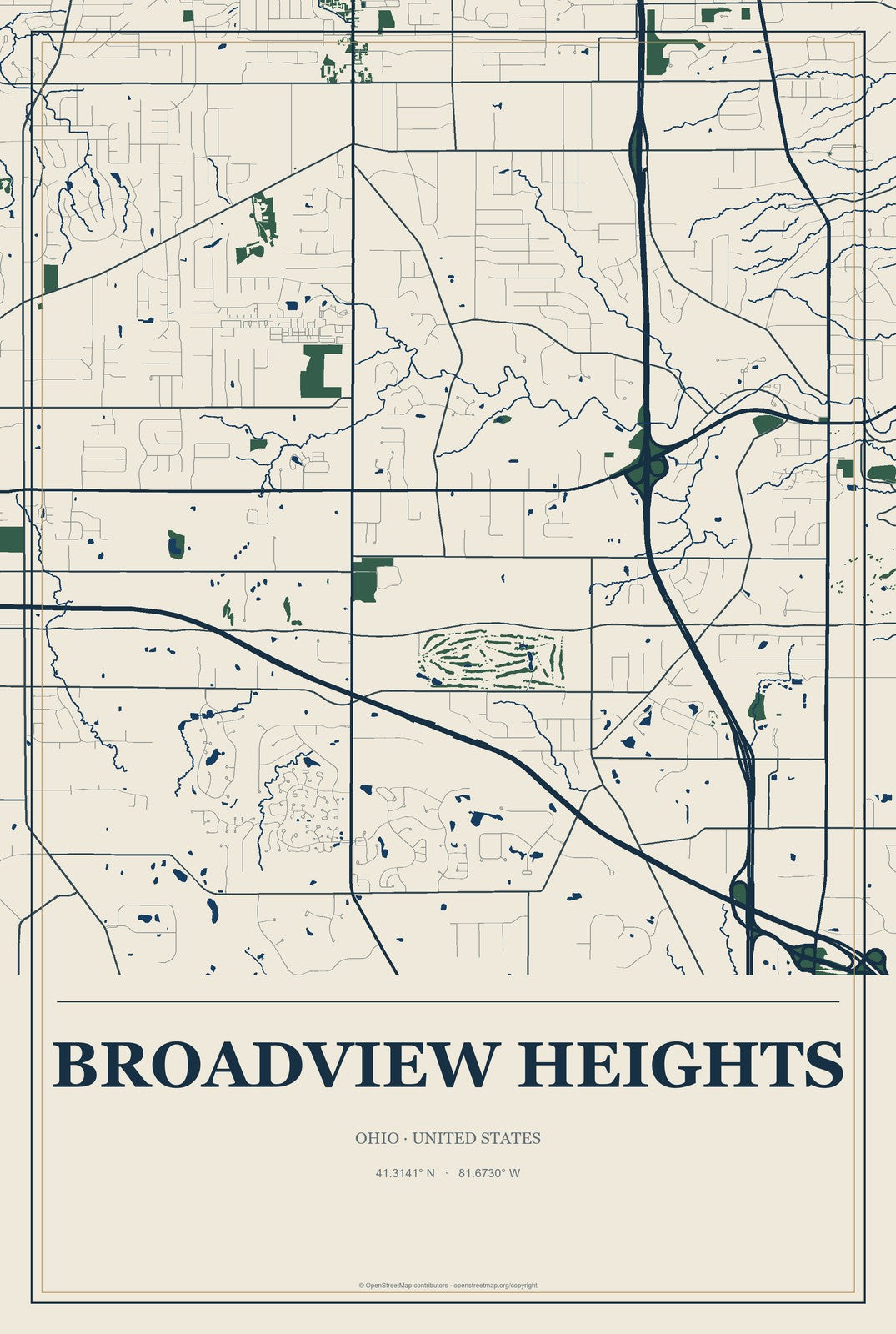 Broadview Heights, Ohio City Map Aluminum Sign in Coastal Cutout style