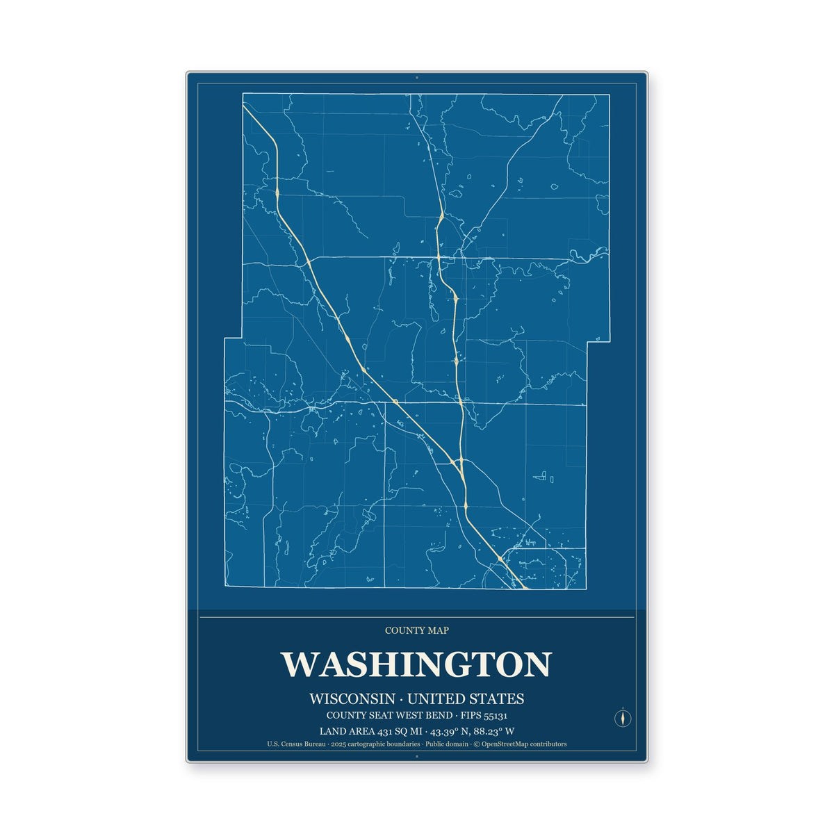 Washington County, Wisconsin Map Aluminum Sign in Harbor Cobalt style