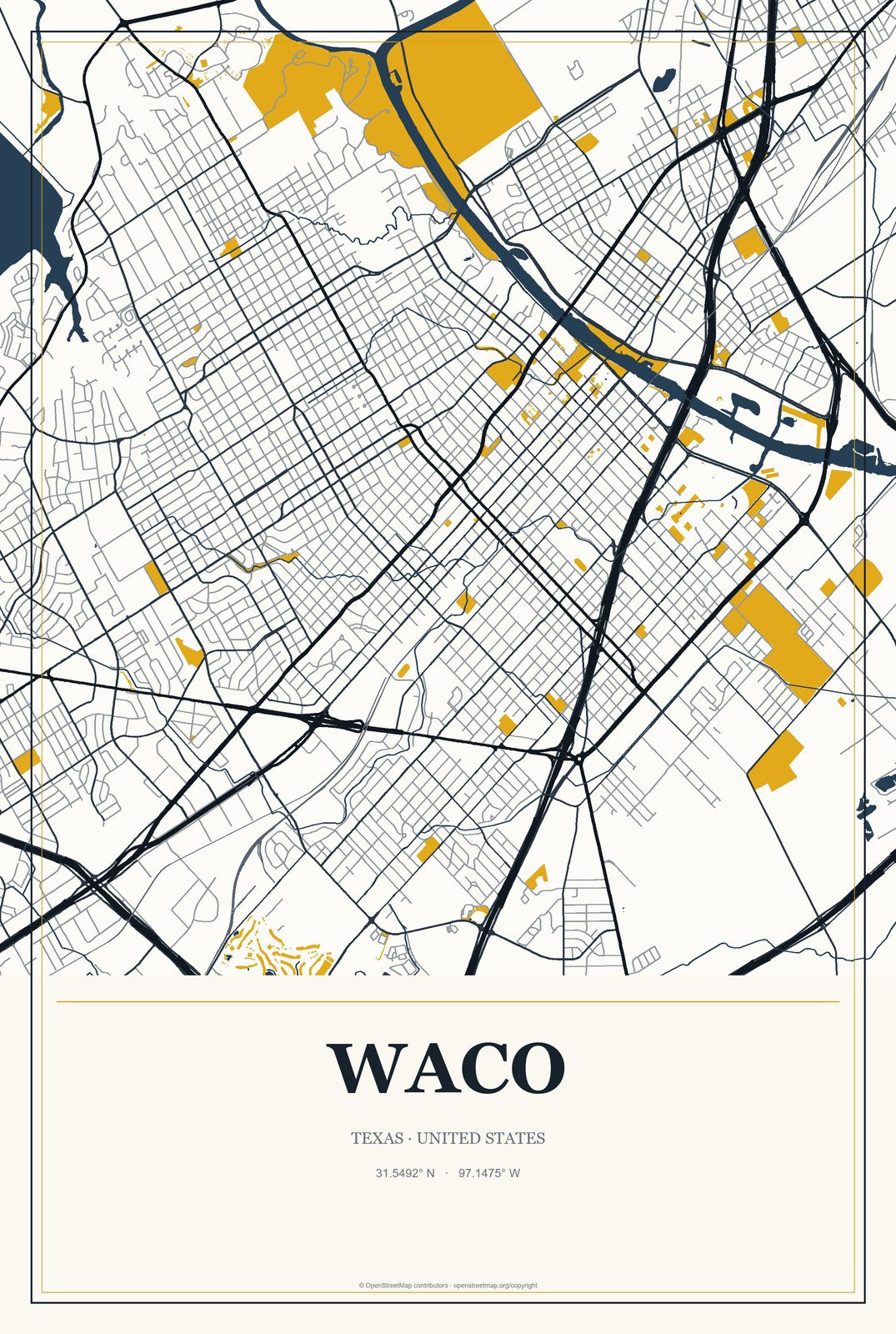 Waco, Texas City Map Aluminum Sign in Citrine Modern style